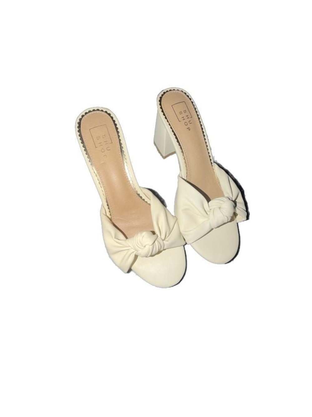 SHU SHOP Emily Knot Block Heel Mules in Bone